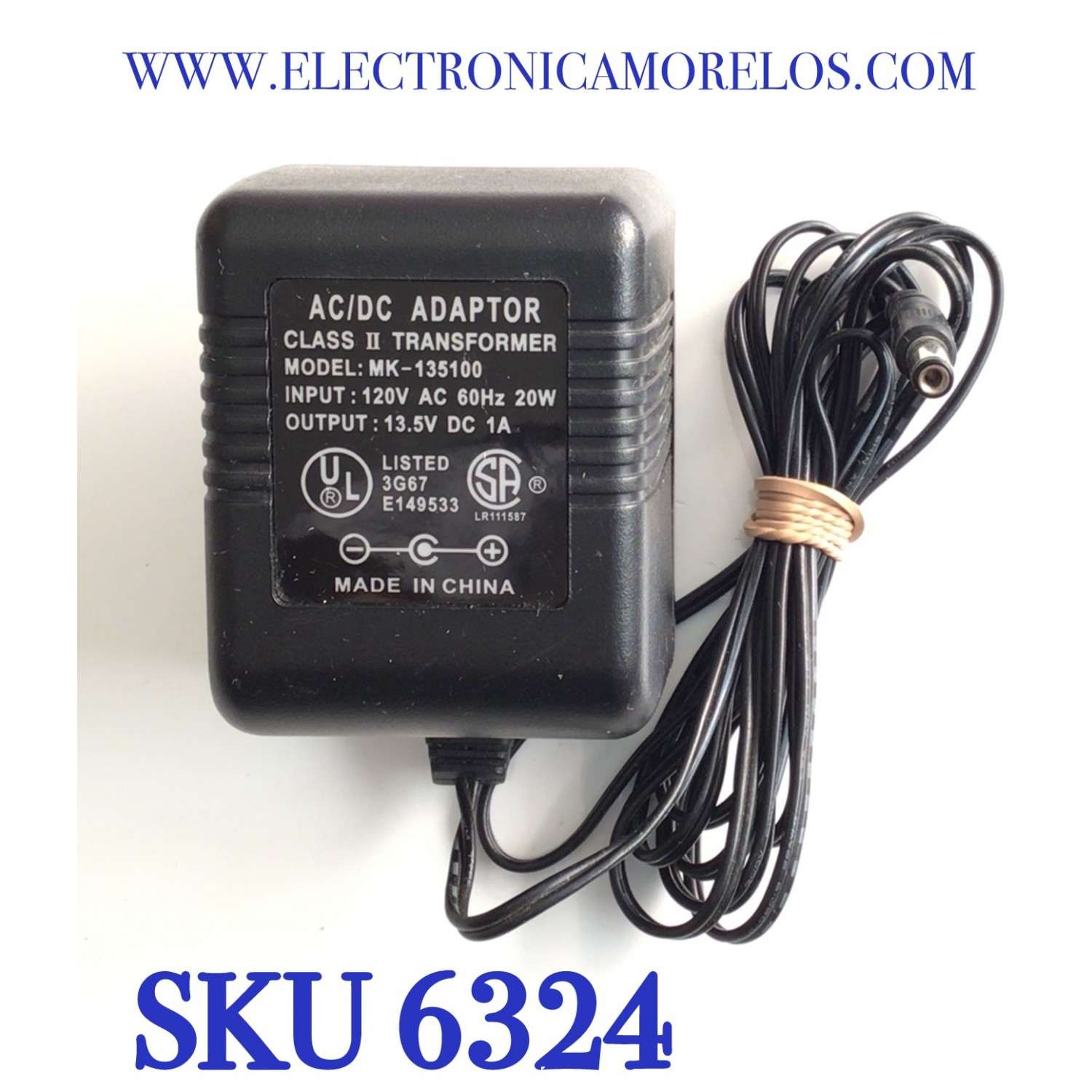 CARGADOR / ADAPTADOR DE FUENTE DE ALIMENTACION / NUMERO DE PARTE MK-135100 / ENTRADA VCA 120V 60HZ 20W / SALIDA VCD 13.5V 1A / MODELO MK-135100